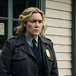 **Prompt:** Kate Winslet as Mare Sheehan in "Mare of Easttown," looking weary but determined, standing in front of a small-town Pennsylvania police station, with a gritty, realistic, and slightly desaturated color palette.