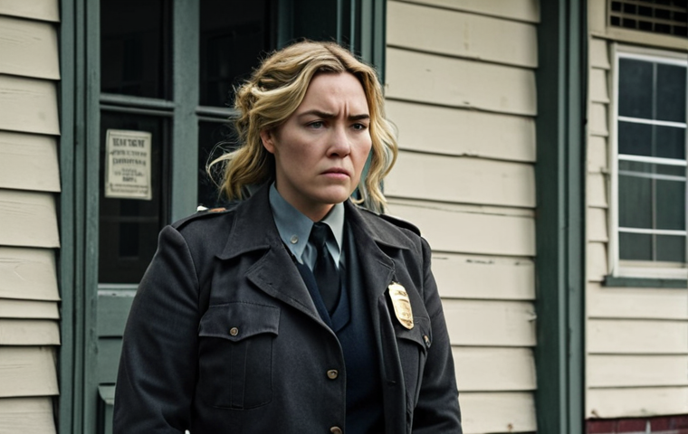 **Prompt:** Kate Winslet as Mare Sheehan in "Mare of Easttown," looking weary but determined, standing in front of a small-town Pennsylvania police station, with a gritty, realistic, and slightly desaturated color palette.